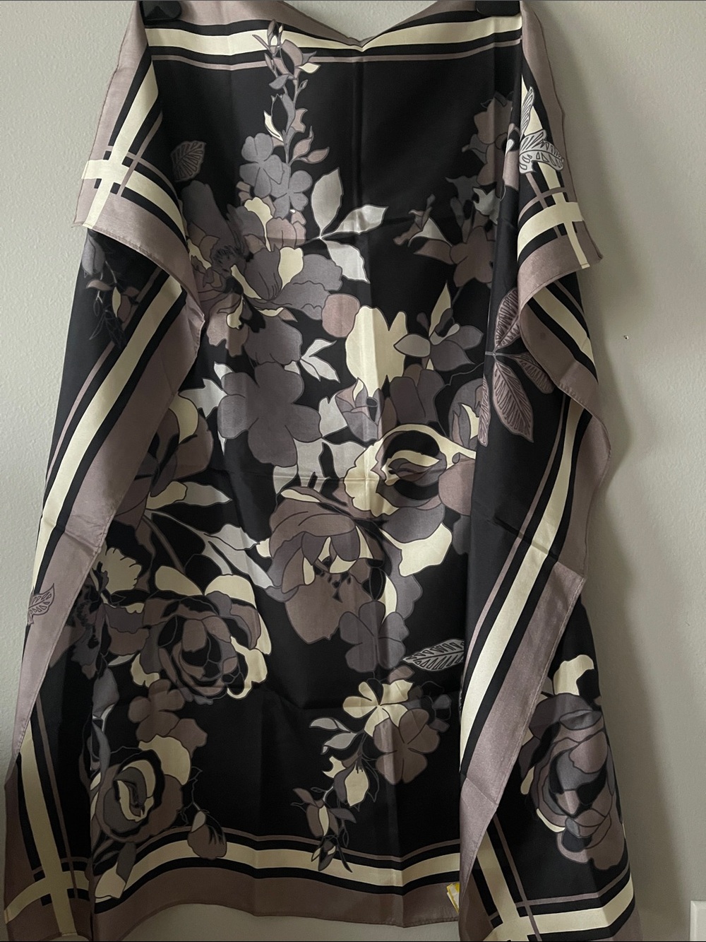 Black Floral Silk Scarf with Cream and Taupe Accents